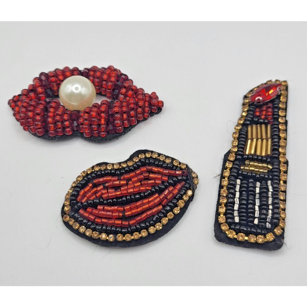 3 Pcs Beaded Lip and Lipstick Appliques 2.5in ish
